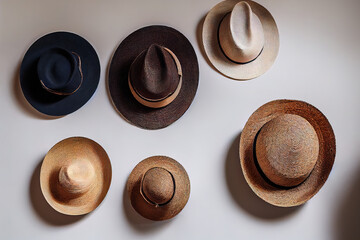Collection of straw hats. Top view. Different hats hang on the wall. AI-generated