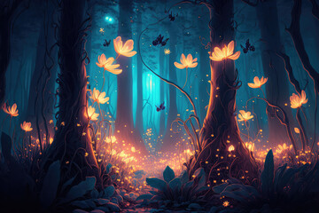 Fairy forest at night, fantasy glowing flowers and lights. (ai generated) - obrazy, fototapety, plakaty