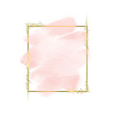 Crcle frame and glitter gold lines round contour frame for banner or logo wedding elements. Pastel rose or pink watercolor brush stroke splash with luxury golden square.