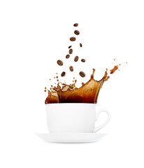 Espresso coffee in a white glass mug with a saucer. Coffee beans fly into coffee. Splashes of coffee. Isolated on a white background.
