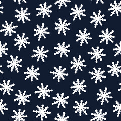 Fototapeta na wymiar Seamless Pattern with White Snowflakes on Dark Blue Background. Abstract Hand-Drawn Doodle Snowflakes.