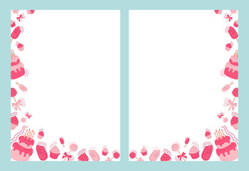 background with cakes and birthday cakes, holiday on a white background on the edge. Vector banner of sweet cupcakes, cupcakes, popsicles, cake pops.