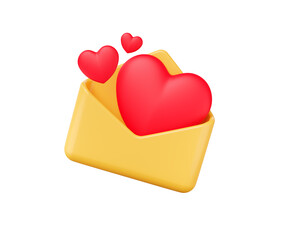 3d open envelope letter, Yellow envelope with a red card in the form of a heart realistic elements for romantic design. love letter minimal. background concept icon isolated on PNG. 3D Rendering