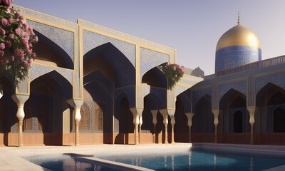 Persian architecture temple volume atrium light full of rose hanging gardens vibrant flowers architecture in Isfahan soft generated by generative ai
