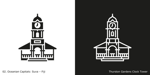 Thurston Gardens Clock Tower Icon. Landmark building of Suva, the capital city of Fiji
