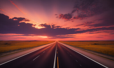 Ultrawide highway  with golden ratio style 4K  sides  are prairies light is Golden hour sky with red Clouds ultrarealistic generated with generative ai