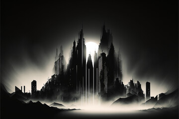 Silhouette of dark city in the cloud