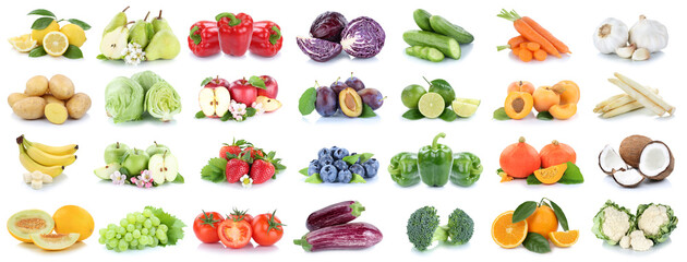 Fruits and vegetables background collection banner isolated on white with apple lemon tomatoes orange fresh fruit - 565826884