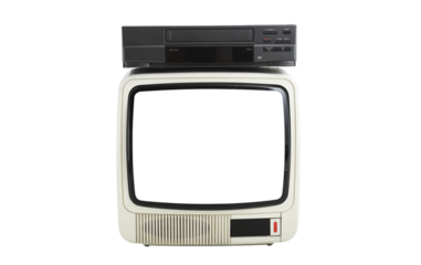 Old white vintage TV with blank screen to add images and VCR 1980s, 1990s, 2000s isolated on white background.