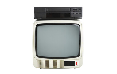 Old white vintage TV and VCR from 1980s, 1990s, 2000s isolated on white background.