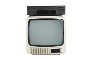 Old white vintage TV and VCR from 1980s, 1990s, 2000s isolated on white background.