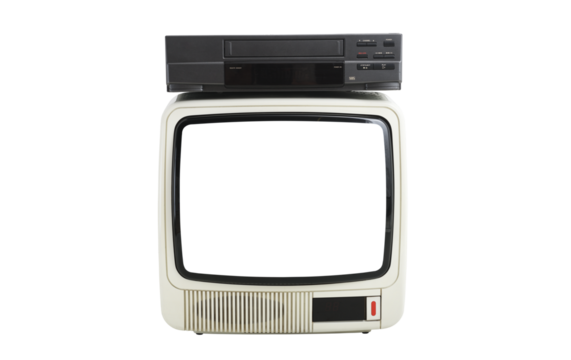 Old white vintage TV with blank screen to add images and VCR 1980s, 1990s, 2000s isolated on white background.