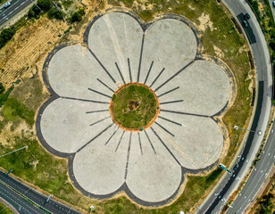 Aerial high resolution drone image panorama view of the giant flower highway interchange with Israeli flags- Rishon Lezion