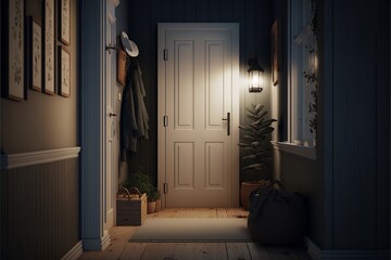 Cozy scandinavian interior style hallway with white entrance door at night with lamp turned on, on the two sides there is a window and a coat hanger