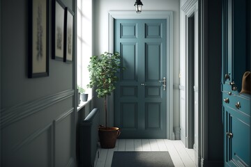 Scandinavian interior style bright hallway with entrance door in the daylight, with 