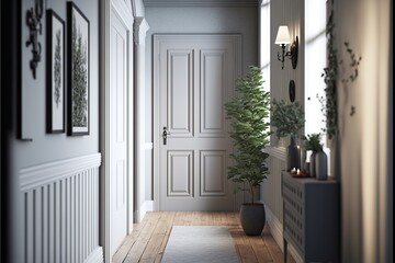 Scandinavian interior style bright hallway with entrance door and a window in the daylight, with sunshine