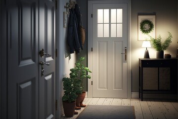 Cozy scandinavian interior style hallway at night before dawn with an entrance door with windows