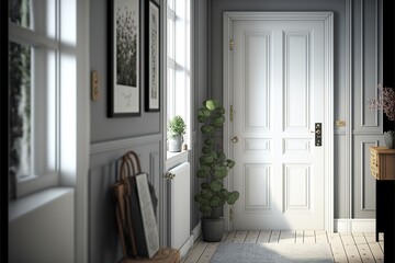 Scandinavian interior style bright hallway with entrance door in the daylight, with stool and a bag on it