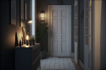 Cozy scandinavian interior style hallway with entrance door and tile floor at night with lamp turned on 