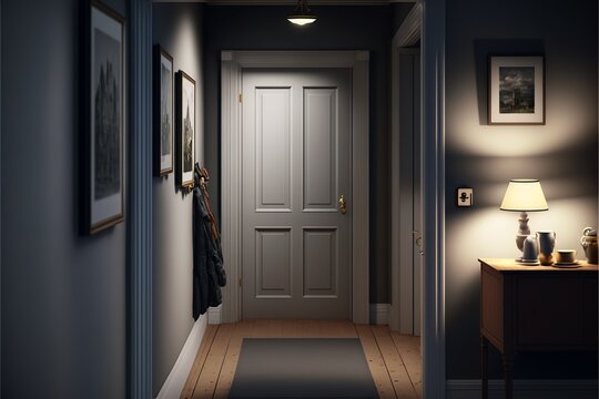Scandinavian interior style hallway with white door and pictures at night with lamp turned on
