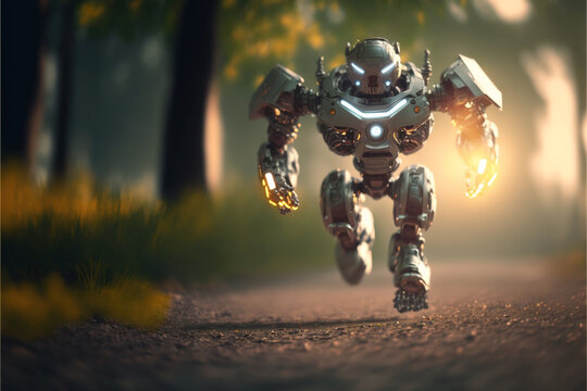 Cute robot running in public park, Generative AI