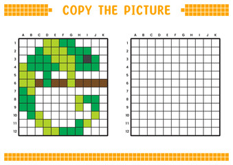 Copy the picture, complete the grid image. Educational worksheets drawing with squares, coloring cell areas. Children's preschool activities. Cartoon vector, pixel art. Green chameleon illustration.