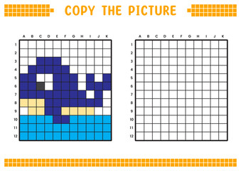 Copy the picture, complete the grid image. Educational worksheets drawing with squares, coloring cell areas. Children's preschool activities. Cartoon vector, pixel art. Blue whale illustration.