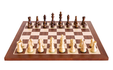 Set of wooden chessboard with chess pieces isolated on white background
