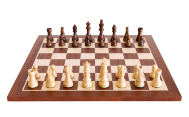 Set of wooden chessboard with chess pieces isolated on white background