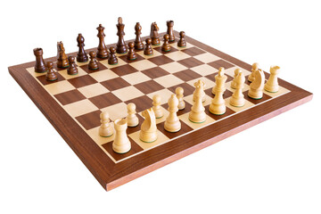 Chess set isolated on white background, wooden chessboard and chess pieces on a board - obrazy, fototapety, plakaty
