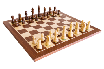 Chess set isolated on white background, wooden chessboard and chess pieces on a board