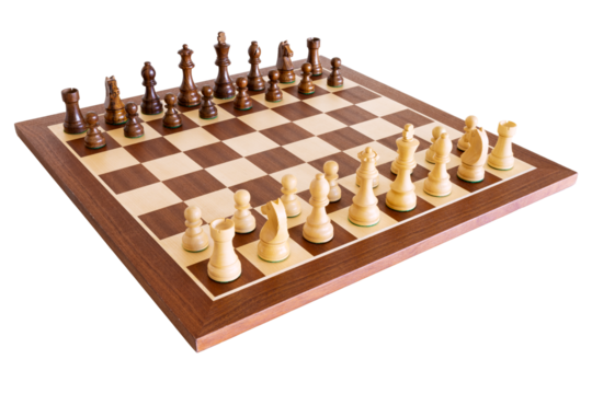 Chess set isolated on white background, wooden chessboard and chess pieces on a board