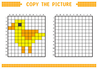 Copy the picture, complete the grid image. Educational worksheets drawing with squares, coloring cell areas. Children's preschool activities. Cartoon vector, pixel art. Yellow bird illustration.