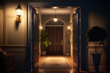 Country interior style hallway with entrance door at night in the light of a lamp with potted plants