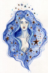 Beautiful woman portrait with blue long hair with stars. Night allegory