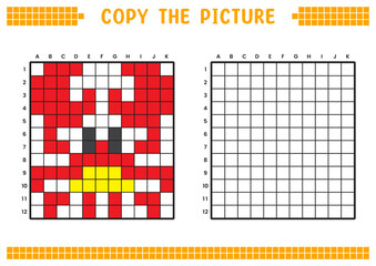Copy the picture, complete the grid image. Educational worksheets drawing with squares, coloring cell areas. Children's preschool activities. Cartoon vector, pixel art. Red crab illustration.