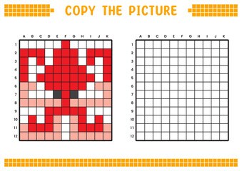 Copy the picture, complete the grid image. Educational worksheets drawing with squares, coloring cell areas. Children's preschool activities. Cartoon vector, pixel art. Red squid illustration.
