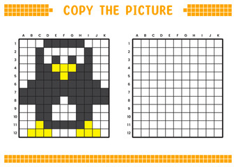 Copy the picture, complete the grid image. Educational worksheets drawing with squares, coloring cell areas. Children's preschool activities. Cartoon vector, pixel art. Polar penguin illustration. © Adpragus
