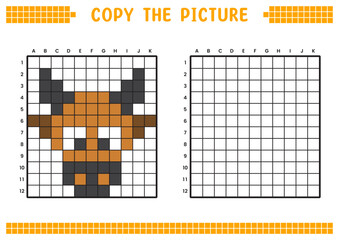 Copy the picture, complete the grid image. Educational worksheets drawing with squares, coloring cell areas. Children's preschool activities. Cartoon vector, pixel art. Cow face illustration.
