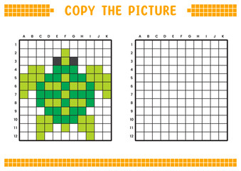 Copy the picture, complete the grid image. Educational worksheets drawing with squares, coloring cell areas. Children's preschool activities. Cartoon vector, pixel art. Sea turtle illustration.