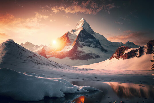 Beautiful sunset winter snowy mountain and lake  landscape, Travel postcard,2023