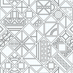Seamless Geometric Pattern, Drawn on Checkered Notebook. Endless Modern Mosaic Texture.  Fabric Textile, Wrapping Paper, Wallpaper. Vector Contour Illustration. Coloring Book Page