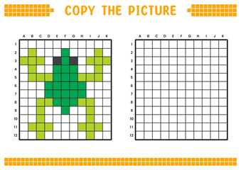Copy the picture, complete the grid image. Educational worksheets drawing with squares, coloring cell areas. Children's preschool activities. Cartoon vector, pixel art. Green toad illustration.