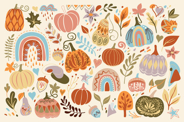 Big Collection of Autumn Plants, Pumpkins Designs. Rainbows, Apple, Pear, Acorns, Lot of Leaves and Deco Elements. Elegant Natural Motifs. Hand Drawn Style. Vector Illustration