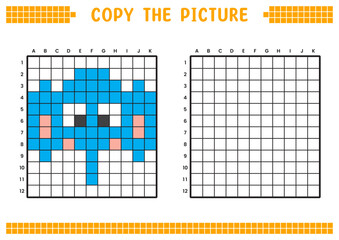 Fototapeta premium Copy the picture, complete the grid image. Educational worksheets drawing with squares, coloring cell areas. Children's preschool activities. Cartoon vector, pixel art. Elephant face illustration.