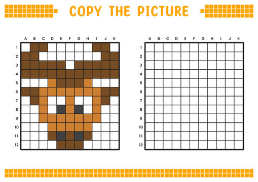 Copy the picture, complete the grid image. Educational worksheets drawing with squares, coloring cell areas. Children's preschool activities. Cartoon vector, pixel art. Buffalo face illustration.