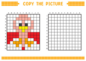 Copy the picture, complete the grid image. Educational worksheets drawing with squares, coloring cell areas. Children's preschool activities. Cartoon vector, pixel art. Bird illustration.