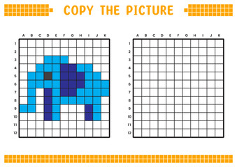 Copy the picture, complete the grid image. Educational worksheets drawing with squares, coloring cell areas. Children's preschool activities. Cartoon vector, pixel art. Elephant illustration.