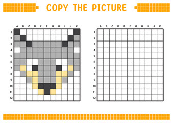 Copy the picture, complete the grid image. Educational worksheets drawing with squares, coloring cell areas. Preschool activities, children's games. Cartoon vector illustration, pixel art. Wolf face.