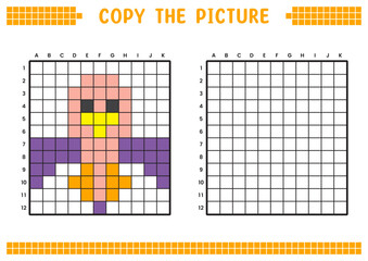 Fototapeta premium Copy the picture, complete the grid image. Educational worksheets drawing with squares, coloring cell areas. Preschool activities, children's games. Cartoon vector illustration, pixel art. Pink bird.